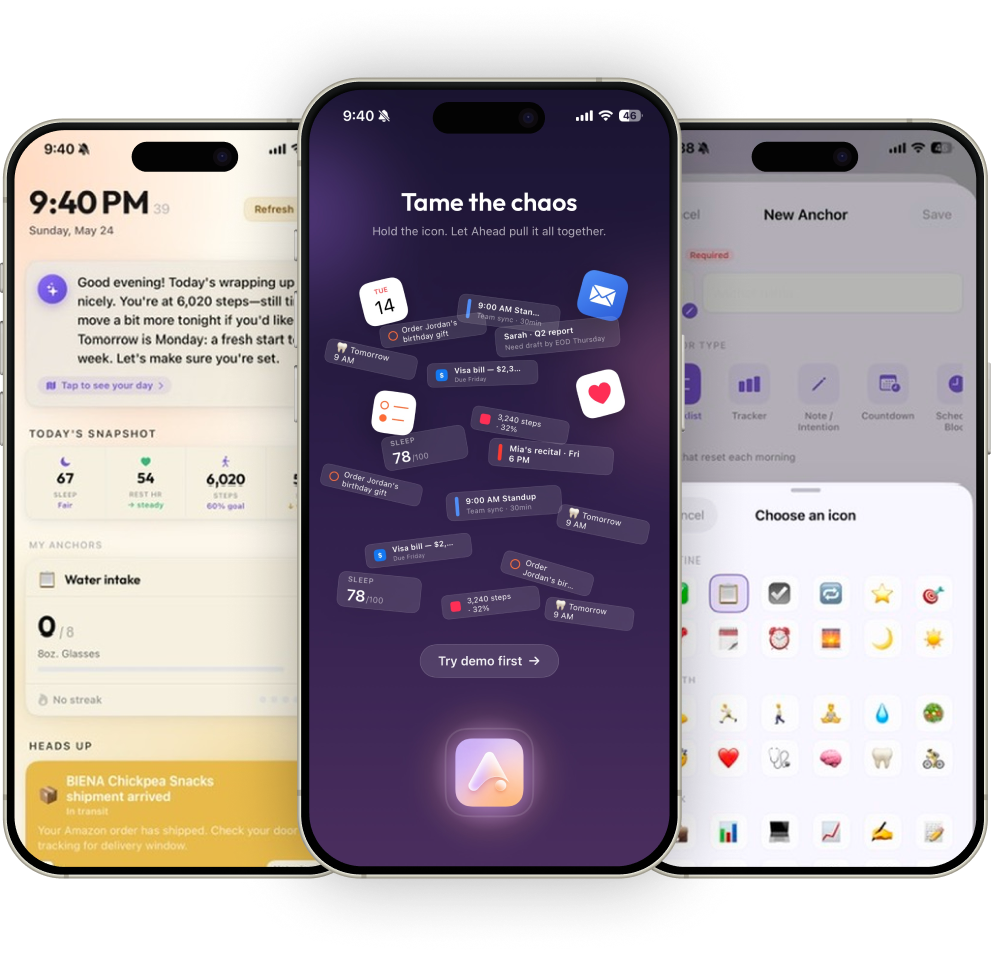 Three iPhones showing the Ahead app: a daily snapshot screen, the Tame the chaos welcome screen, and the icon picker.