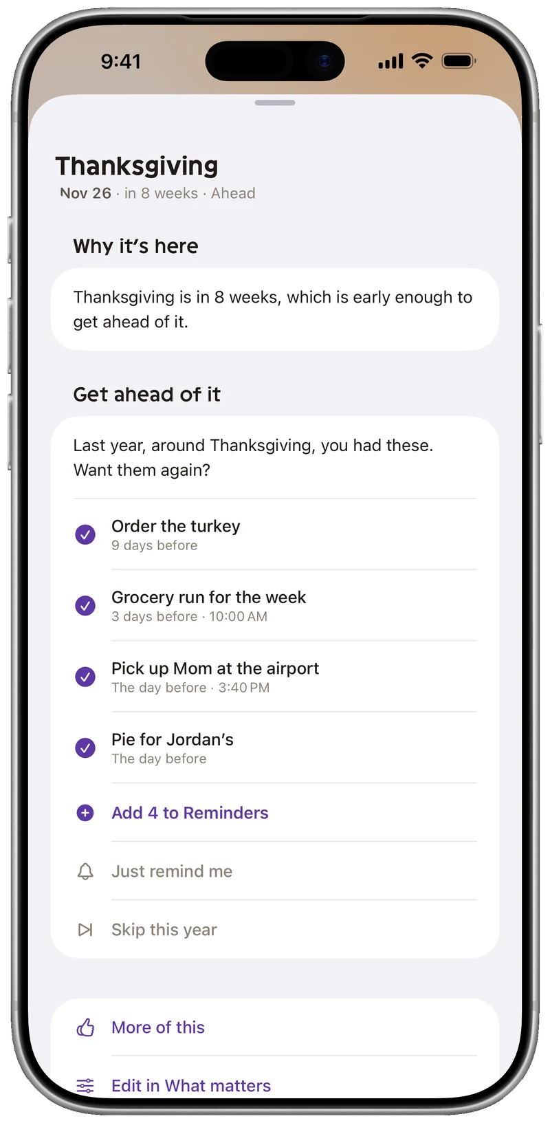 Thanksgiving on an iPhone: last year's to-dos offered back as reminders