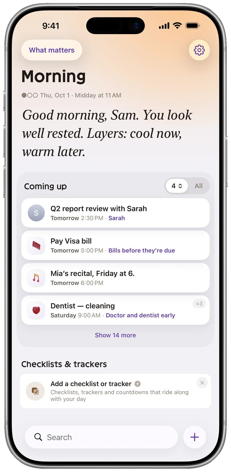The morning check-in on an iPhone: the opener line, the Coming up list and the checklists